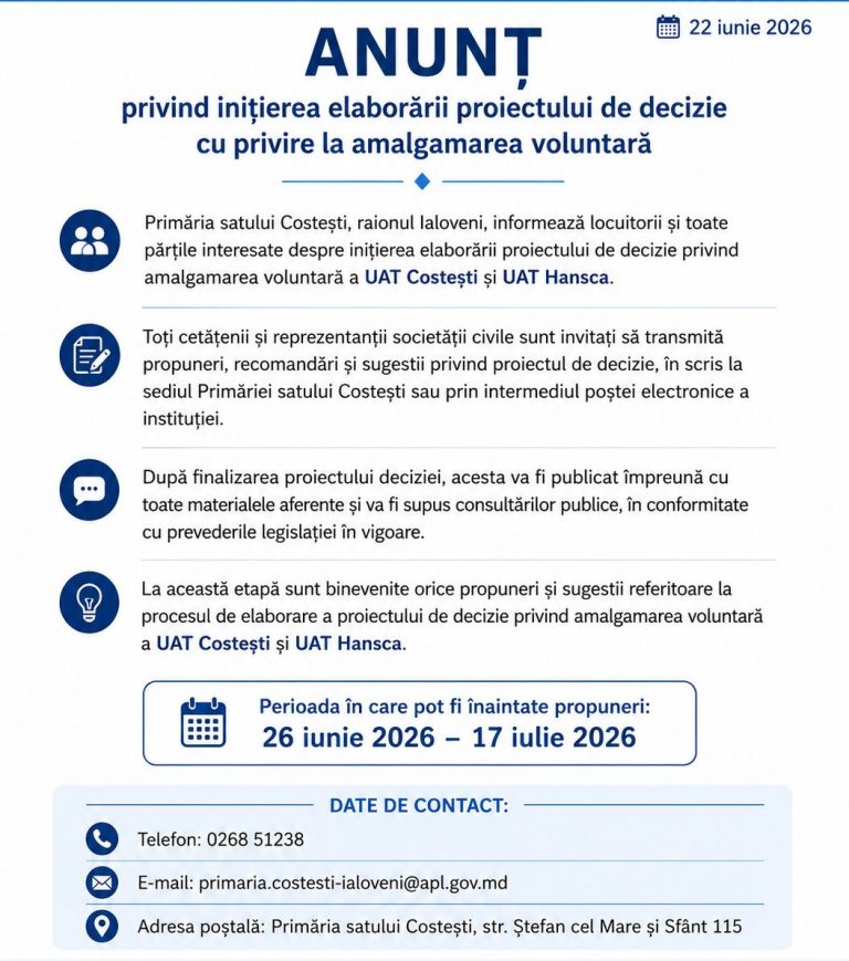 ANUNȚ privind inițierea elaborării proiectului de decizie cu privire la amalgamarea voluntară a UAT Costești și UAT Hansca
